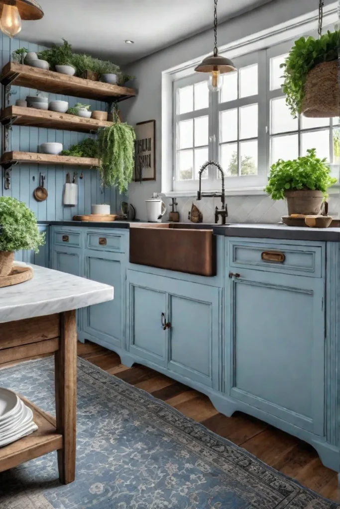 Pastel blue and wood cottage kitchen