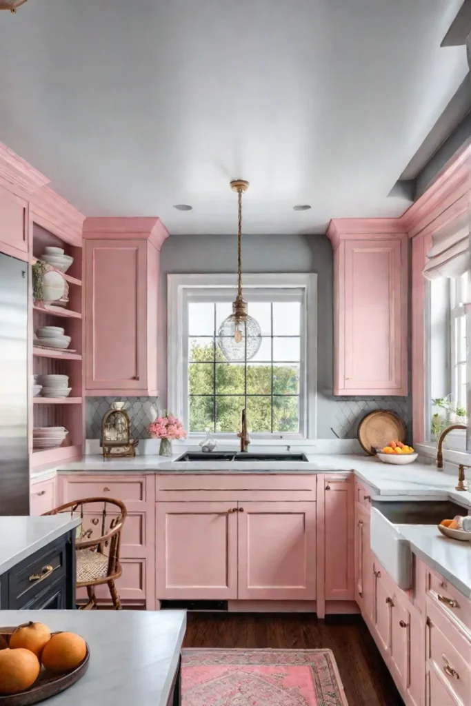 Pastel pink kitchen island in a cottage kitchen