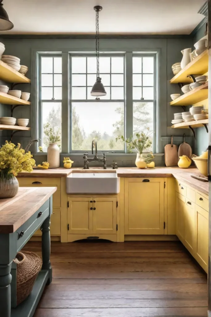 Pastel yellow and wood cottage kitchen