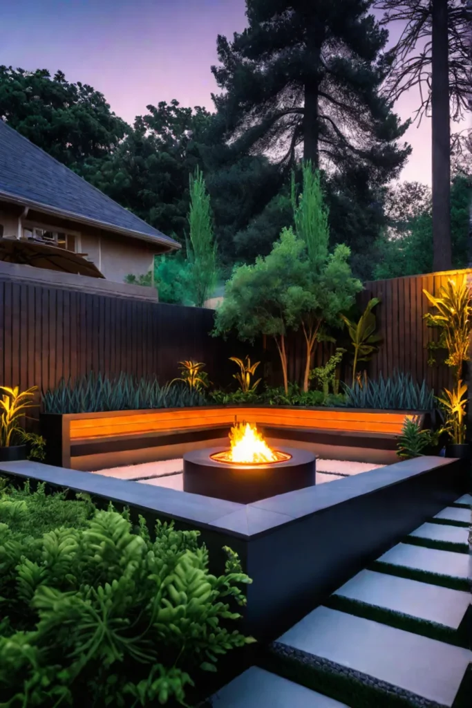 Private fire pit area in a small backyard