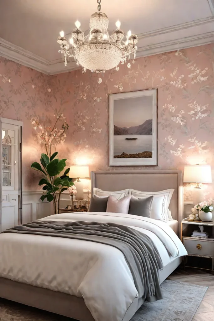 Romantic bedroom with vintage wallpaper
