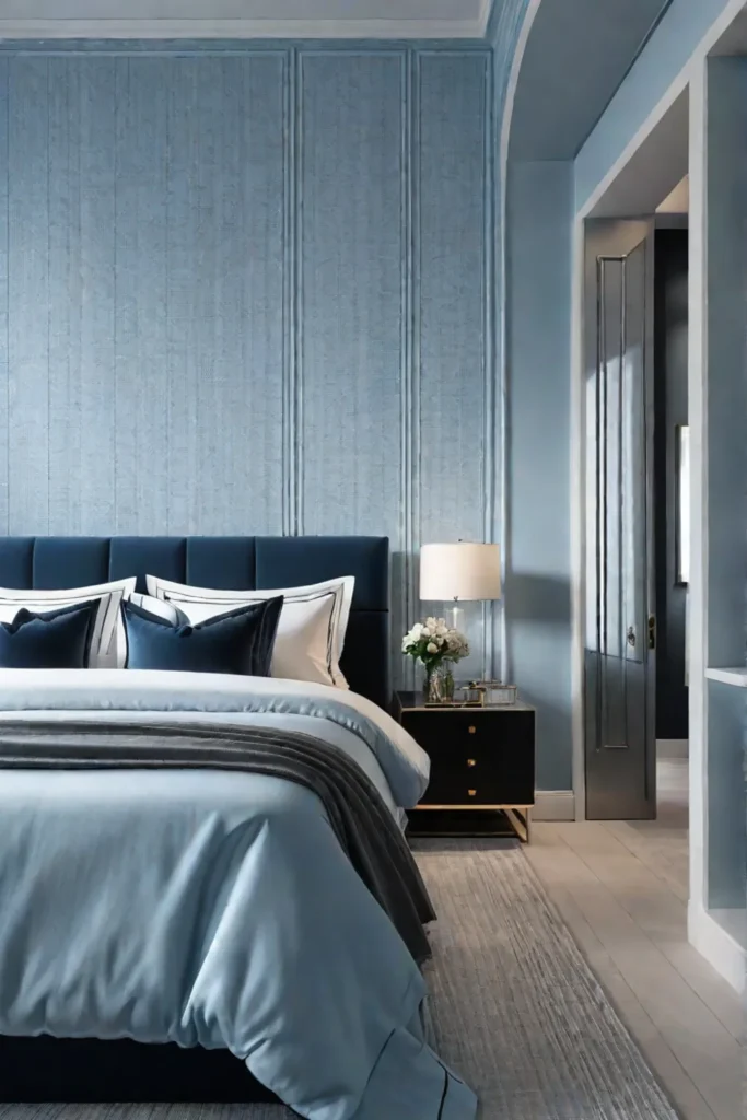 Serene bedroom with textured wallpaper