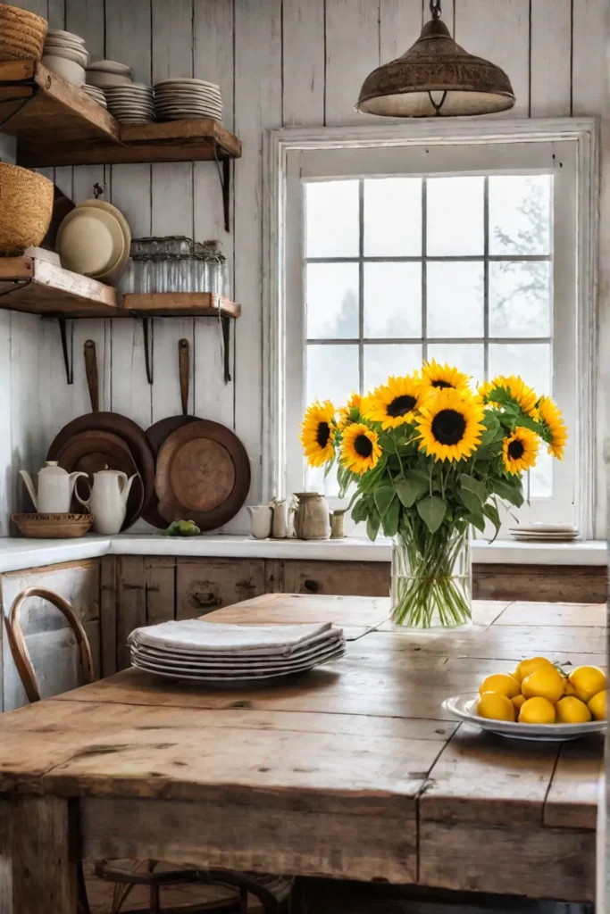 Sunny yellow cottage kitchen with dining area