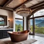 A luxurious rustic bathroom with a large stone fireplace a freestanding copperfeat