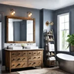 A rustic bathroom with a repurposed antique dresser as a vanity Thefeat