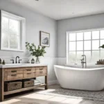 A small rustic bathroom with a light and airy color palette featuringfeat