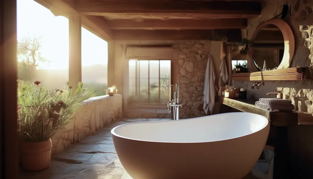A sun drenched rustic bathroom with a freestanding bathtub exposed wooden beams
