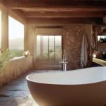 A sun drenched rustic bathroom with a freestanding bathtub exposed wooden beams