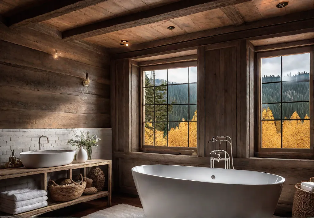 A sundrenched rustic bathroom with exposed wooden beams a freestanding bathtub andfeat