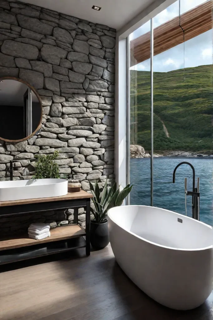 Elegant rustic bathroom with stone accent wall