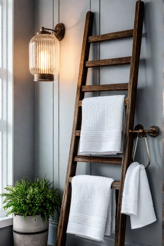 Ladder towel rack repurposed antique shiplap wall