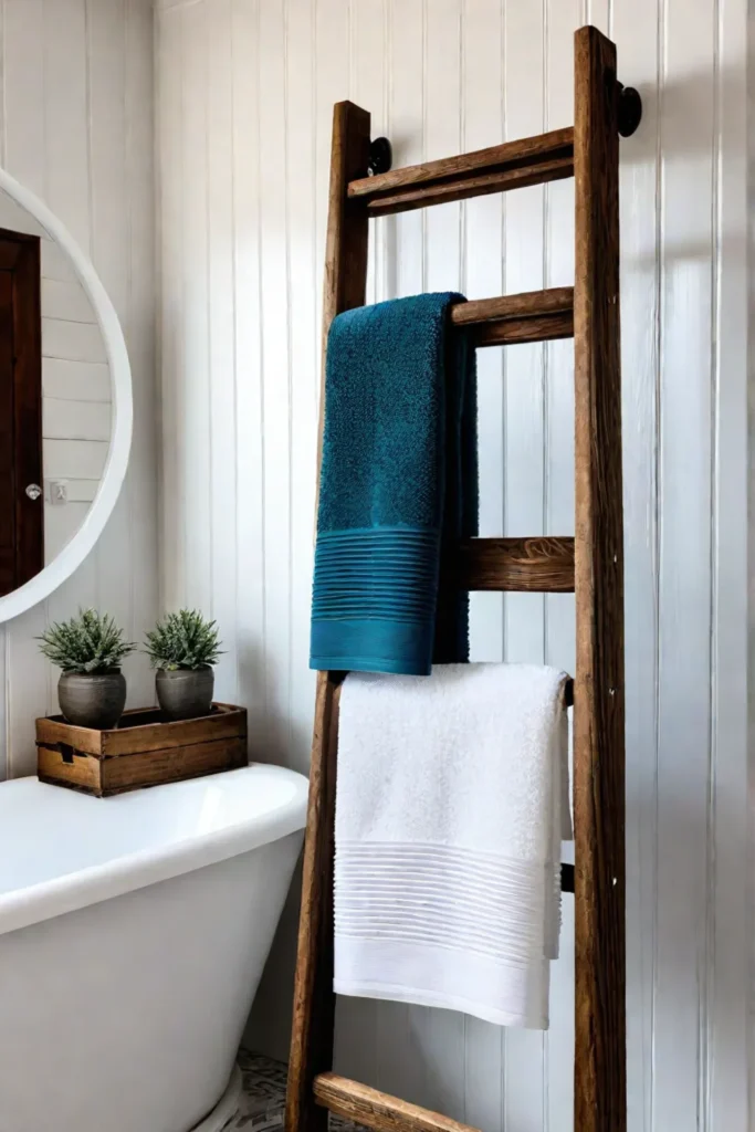 Rustic bathroom details fluffy white towels wooden ladder