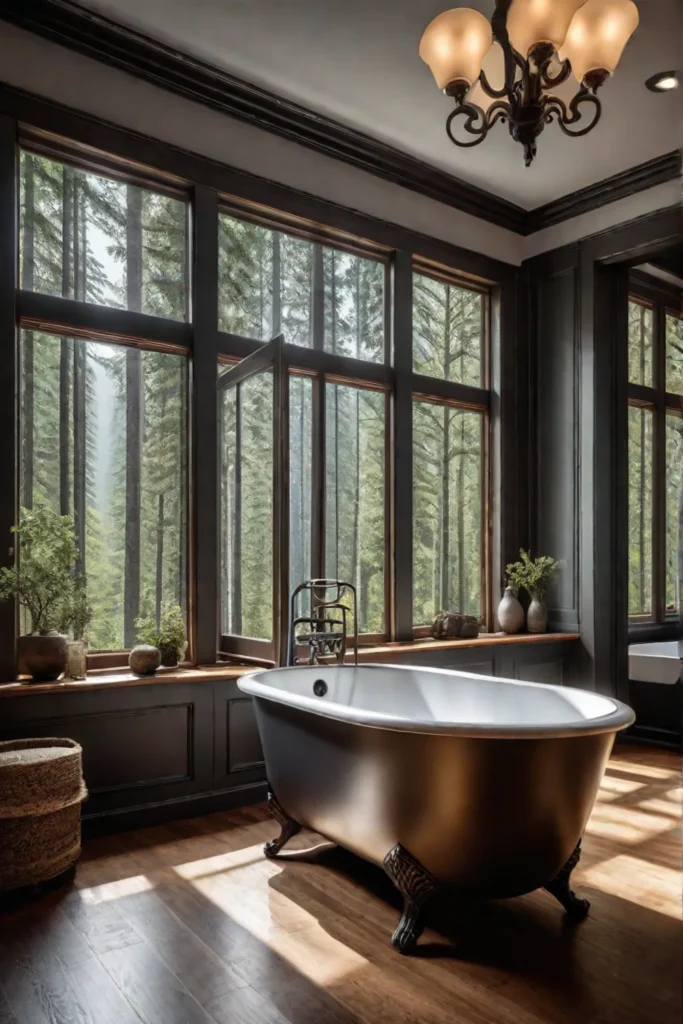Rustic bathroom natural light forest view