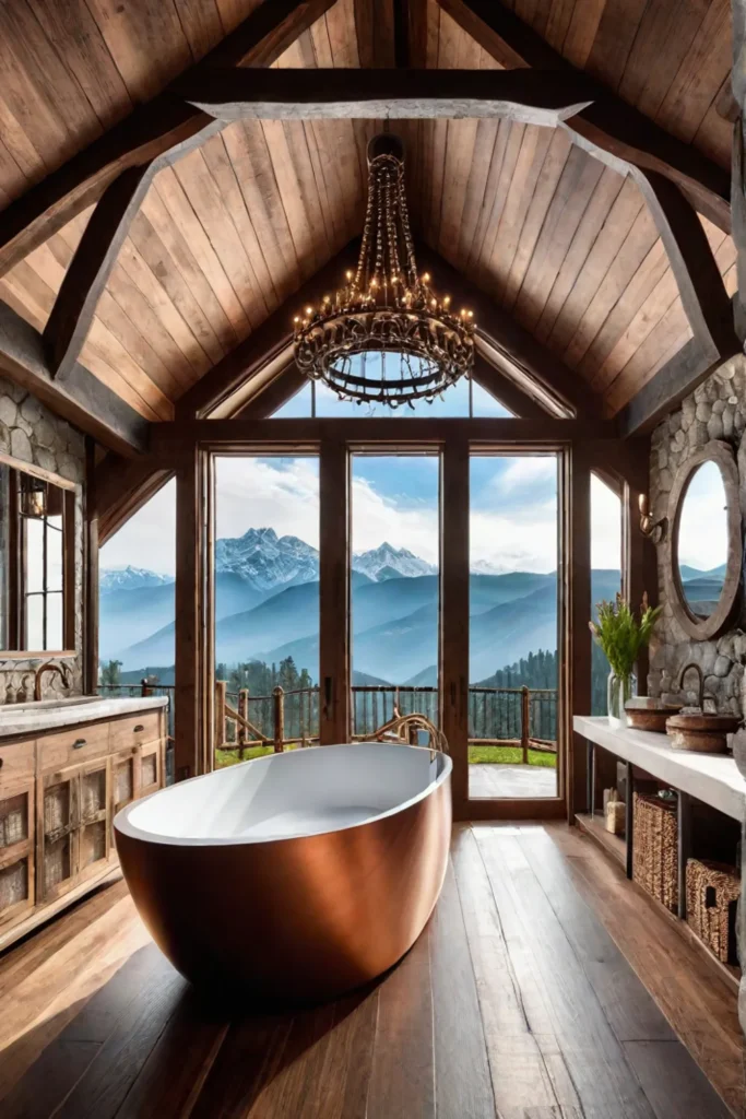 Rustic bathroom stone fireplace mountain view