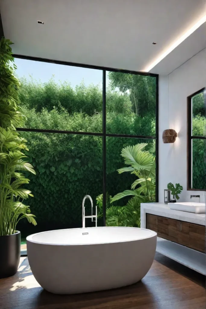 Rustic bathroom with garden view