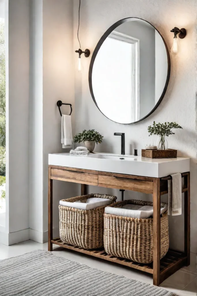 Rustic modern bathroom white vanity woven basket
