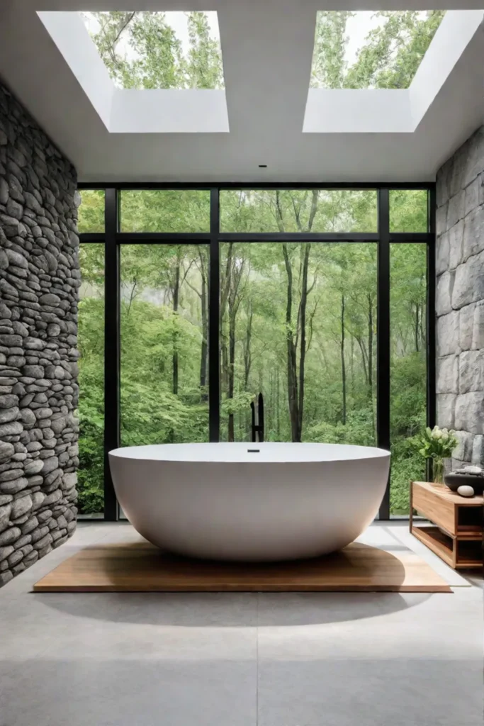 Soaking tub stone wall forest view