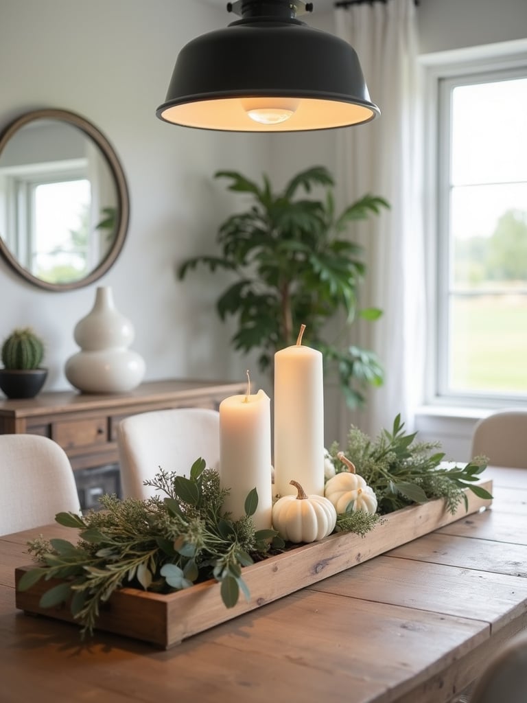 “Modern farmhouse dining table centerpiece with candles, eucalyptus, and white pumpkins.”