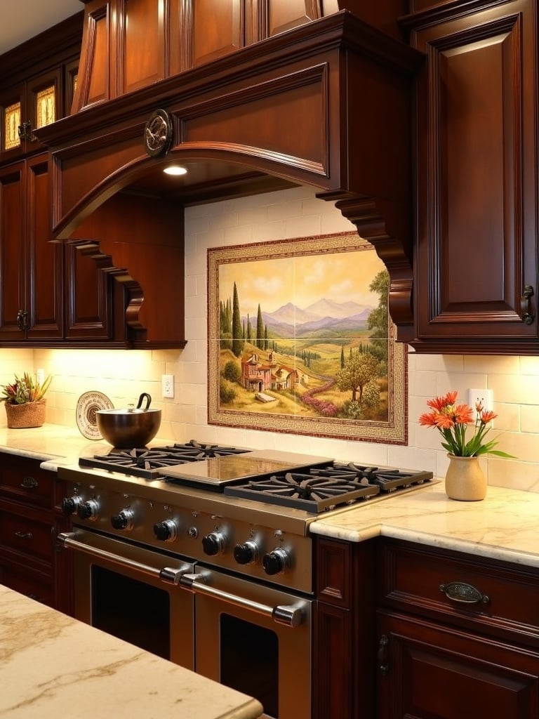 “Custom-designed hand-painted tile backsplash mural in a traditional kitchen.”