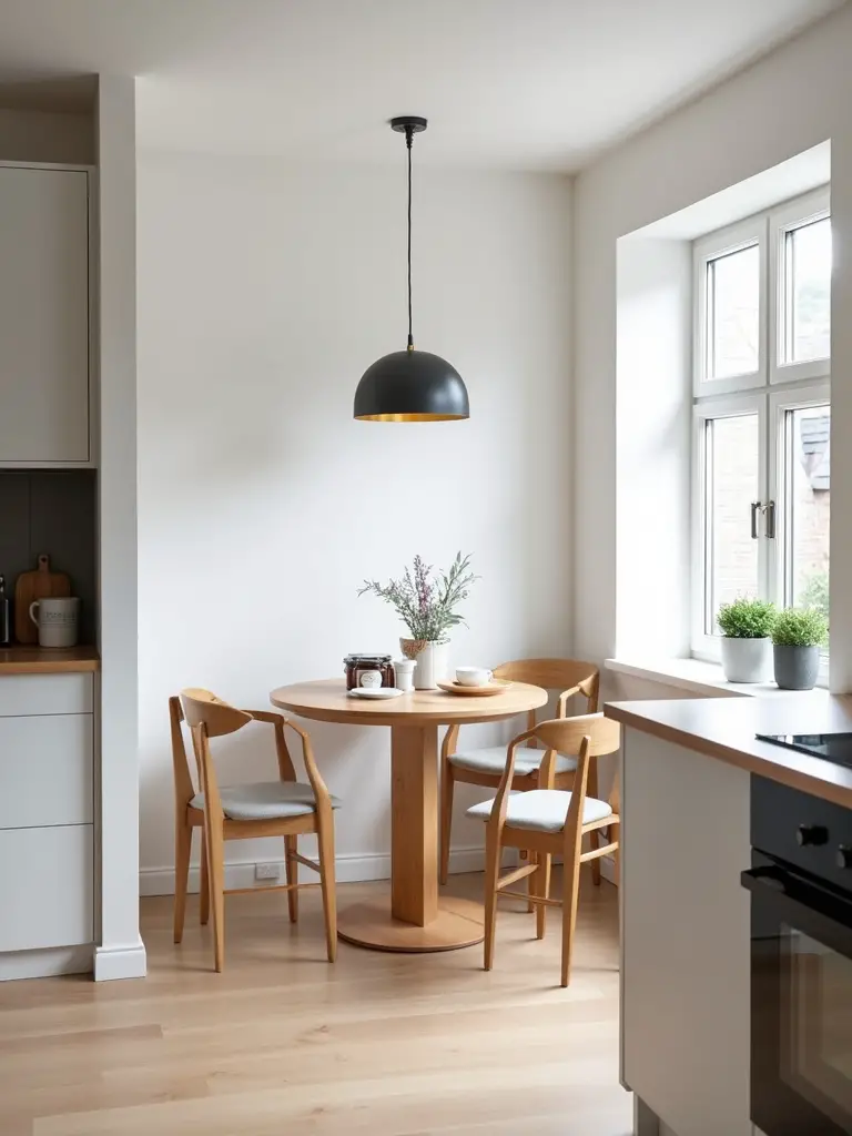 Scandinavian kitchen with an integrated dining nook, featuring a small round wooden table, light wood chairs, pendant lighting, and natural light, creating a cozy and functional eating area within the kitchen.