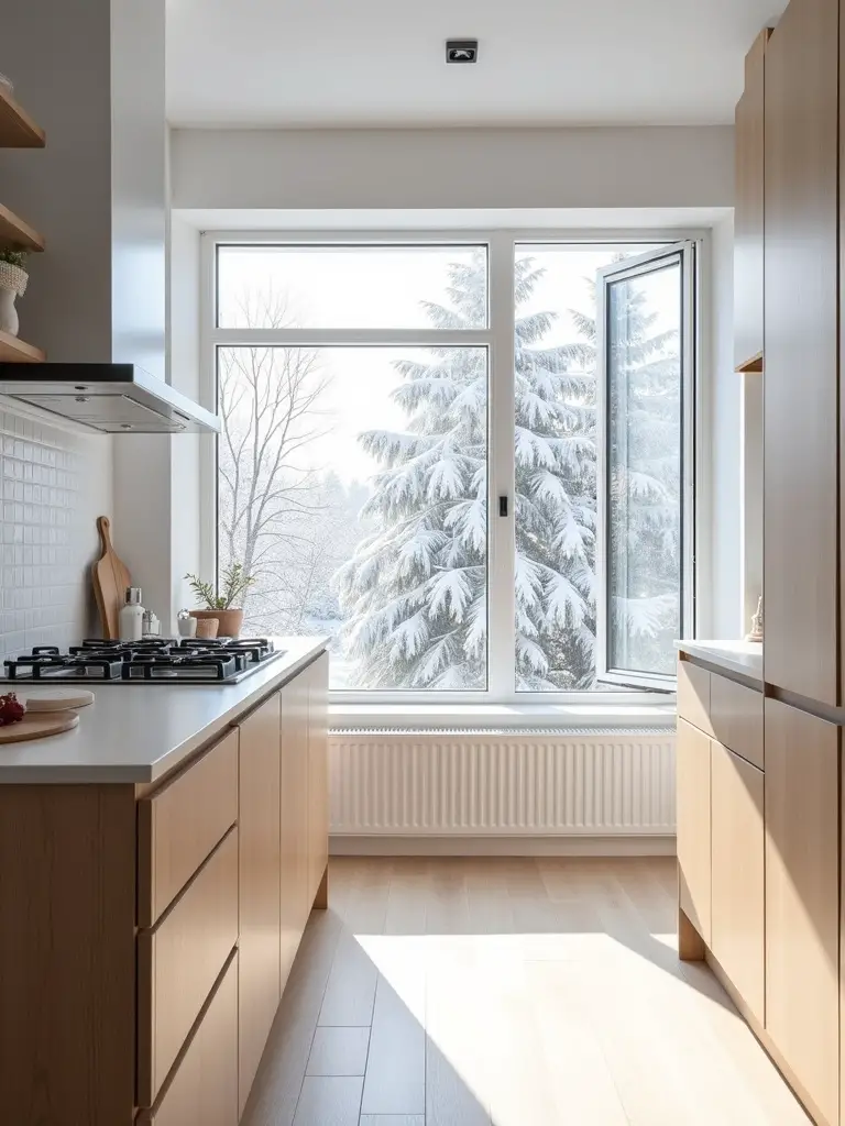 Scandinavian kitchen bathed in natural light from a large window, showcasing white walls, light wood cabinetry, and a snowy winter view outside.