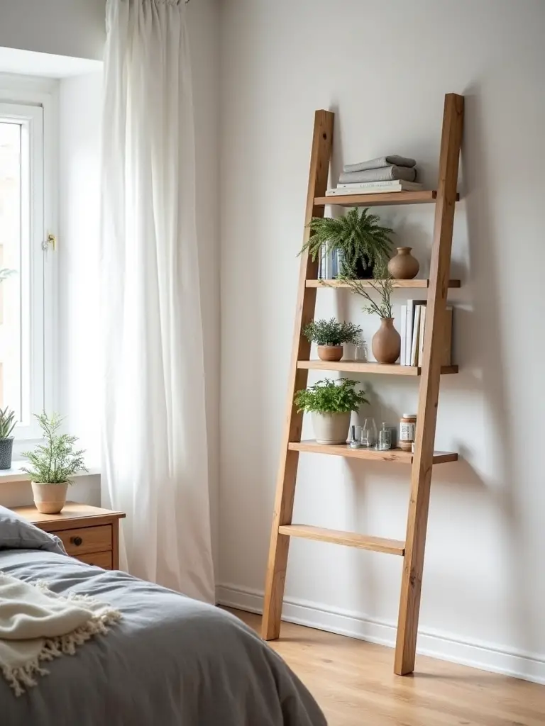 Natural wood leaning ladder shelf displaying books and plants in a modern bohemian bedroom.