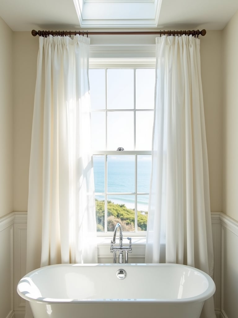Bright and airy coastal bathroom bathed in strong natural sunlight from a skylight and window, featuring sheer white curtains, a white freestanding tub, and light beige walls, captured from a high angle.