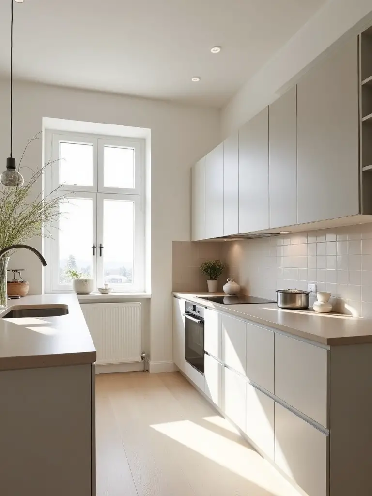 Scandinavian kitchen with a calming neutral color palette, featuring warm white walls, light grey cabinets, and beige quartz countertops, creating a serene and timeless aesthetic.
