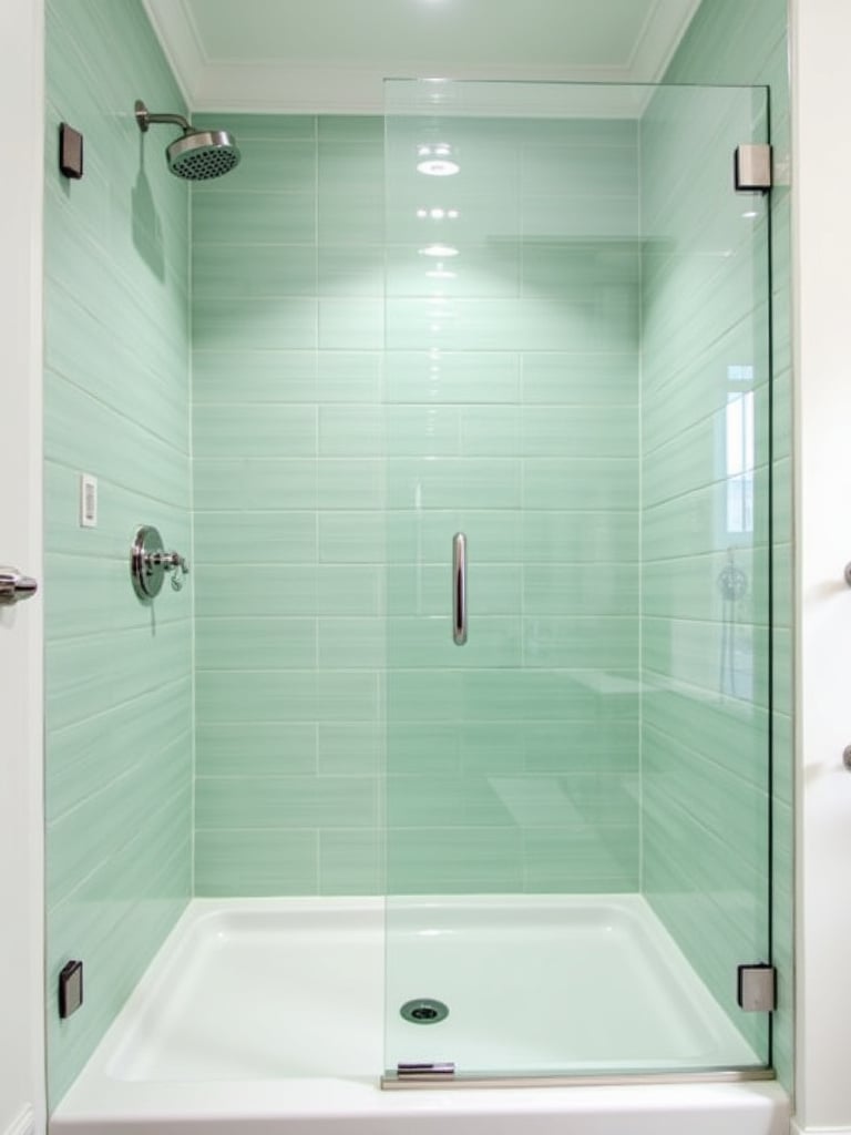 Modern coastal bathroom shower featuring seafoam green subway tile walls, brushed nickel fixtures, glass door, and white shower pan, illuminated by soft, diffused lighting.