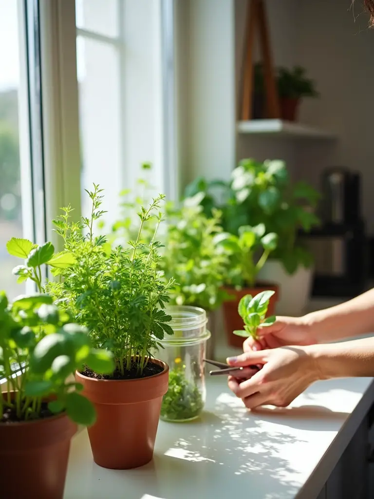 Indoor herb garden on a windowsill in an apartment kitchen
