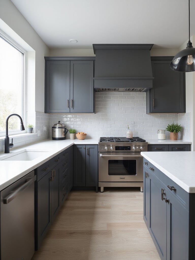 Contemporary kitchen with charcoal gray cabinets, white quartz countertops, and stainless steel appliances