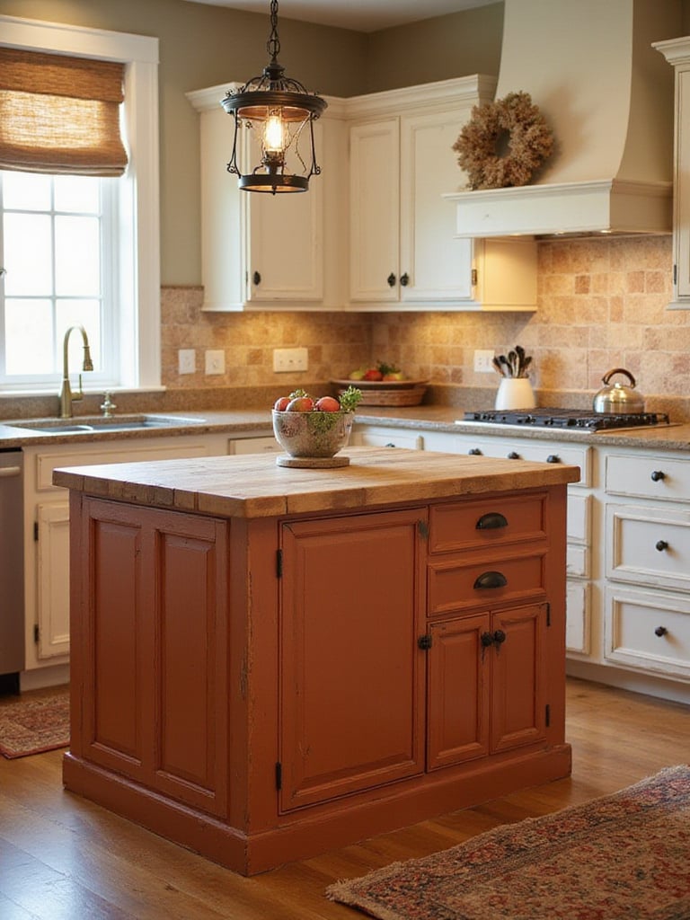 Rustic kitchen island painted in an earthy rust color with butcher block countertop.