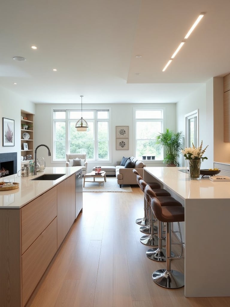 Open-concept kitchen and living room showcasing a modern kitchen island and seamless design.