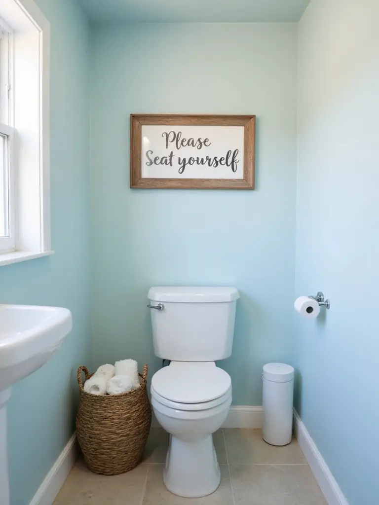 Bathroom featuring a humorous sign that reads 'Please Seat Yourself' above the toilet.