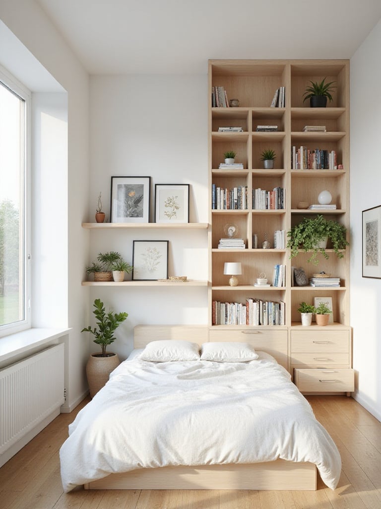 Small bedroom with tall bookshelf and floating shelves for vertical storage.