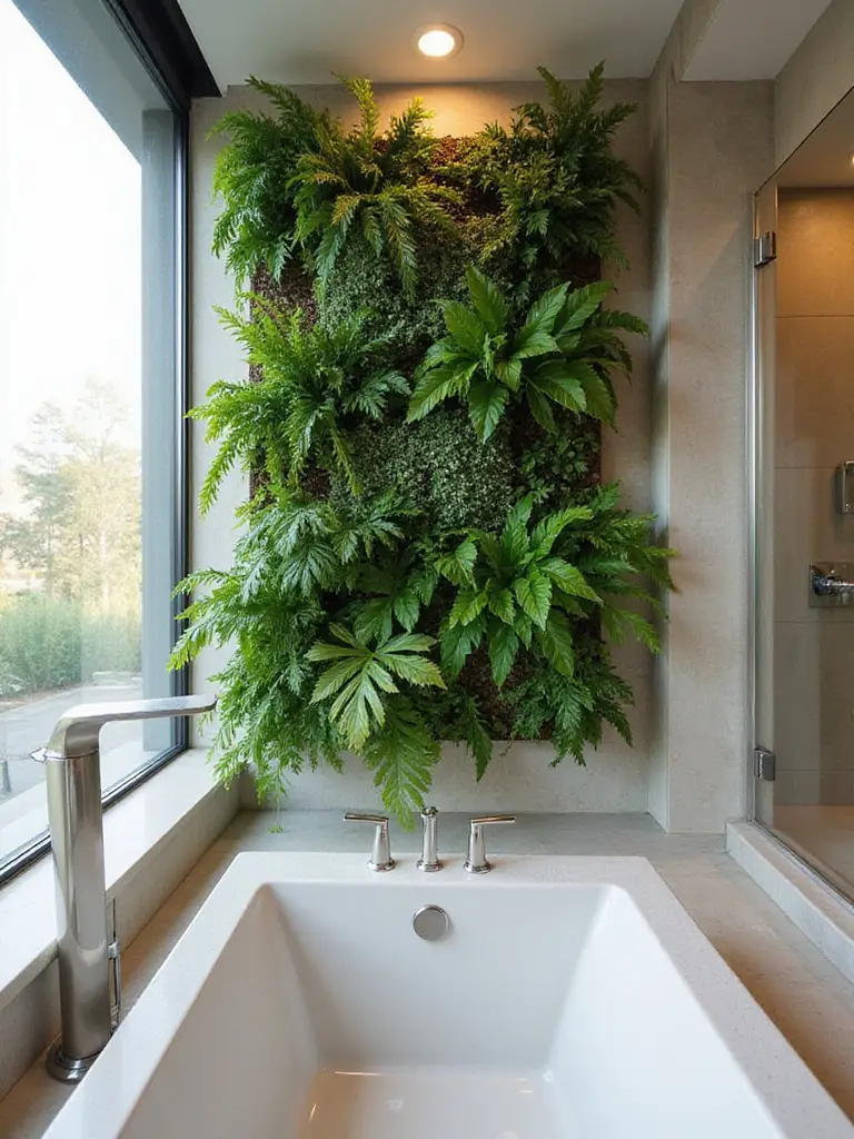 Bathroom with a lush green vertical wall planter.