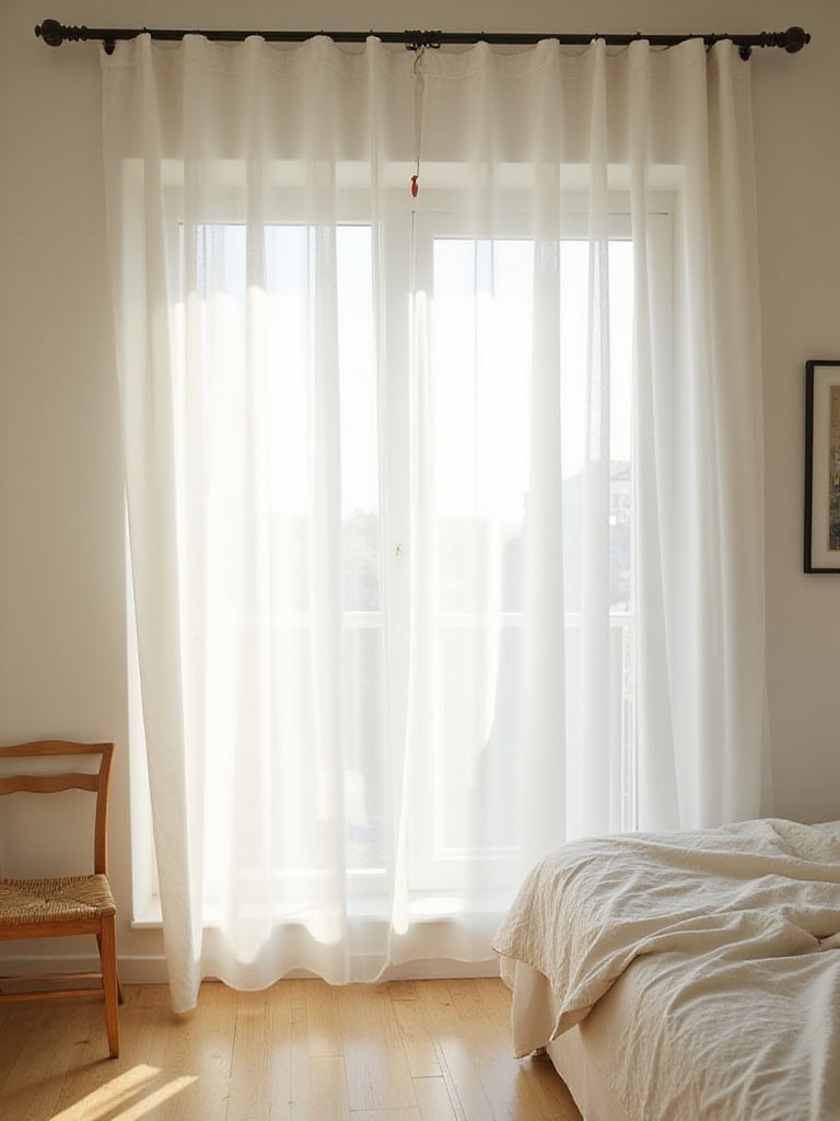 Small bedroom with white sheer curtains allowing natural light to flood the room.