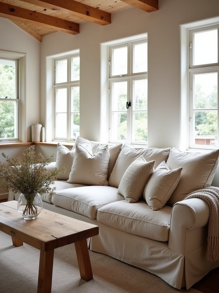 Rustic living room with linen upholstered sofa, wooden coffee table, and exposed beams.