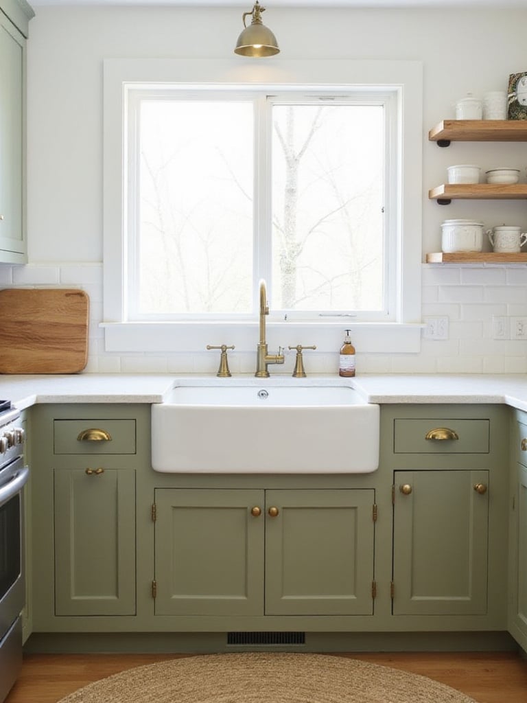 Olive green kitchen cabinets with white quartz countertops and brass hardware in a bright farmhouse kitchen.