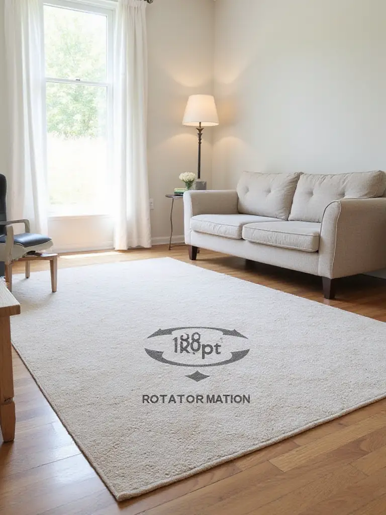 Living room rug showing wear pattern and arrows indicating a 180-degree rotation for even wear.