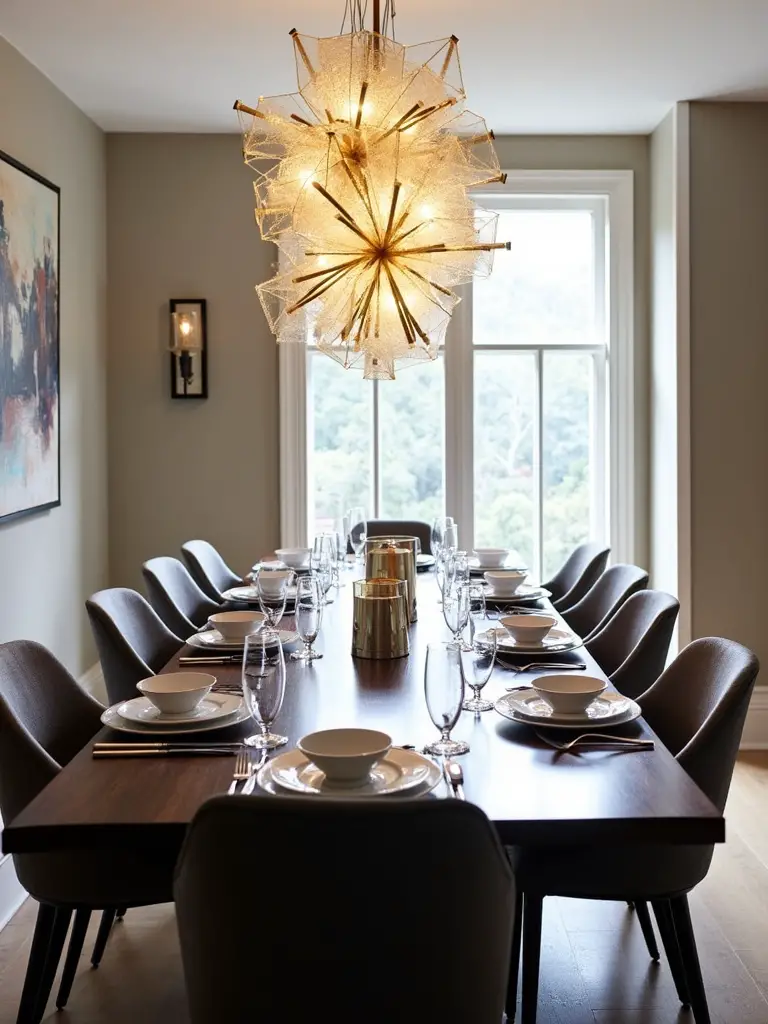Contemporary dining room with a statement geometric chandelier illuminating a dark wood dining table.