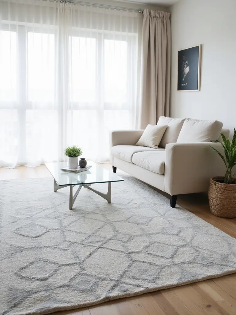 Modern living room with a geometric gray and white rug anchoring the space
