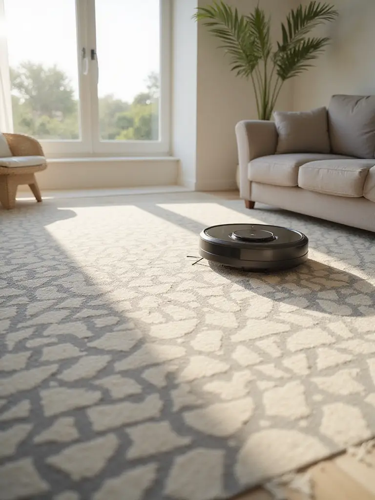 Robotic vacuum cleaning a patterned living room rug.
