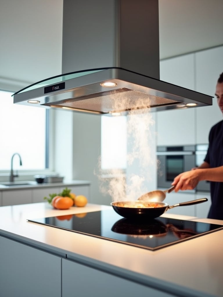Modern kitchen island range hood ventilating cooking fumes