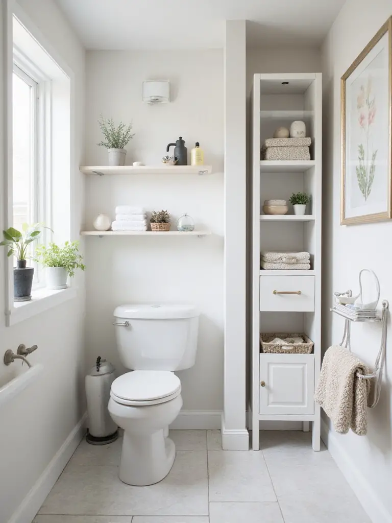 Small bathroom with white walls showcasing vertical storage: floating shelves above toilet, tall slim cabinet, and shower caddy maximizing wall space.