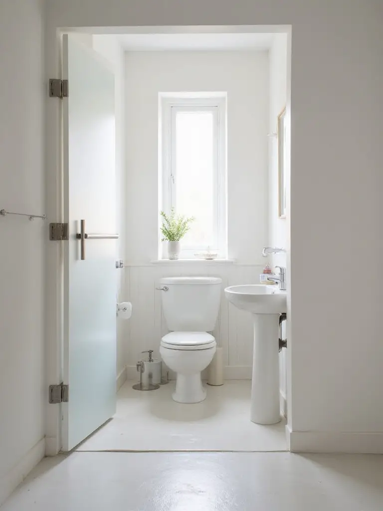 View inside a small modern bathroom showing a partially open frosted glass pocket door sliding into the wall, illustrating how it saves space compared to a traditional hinged door.