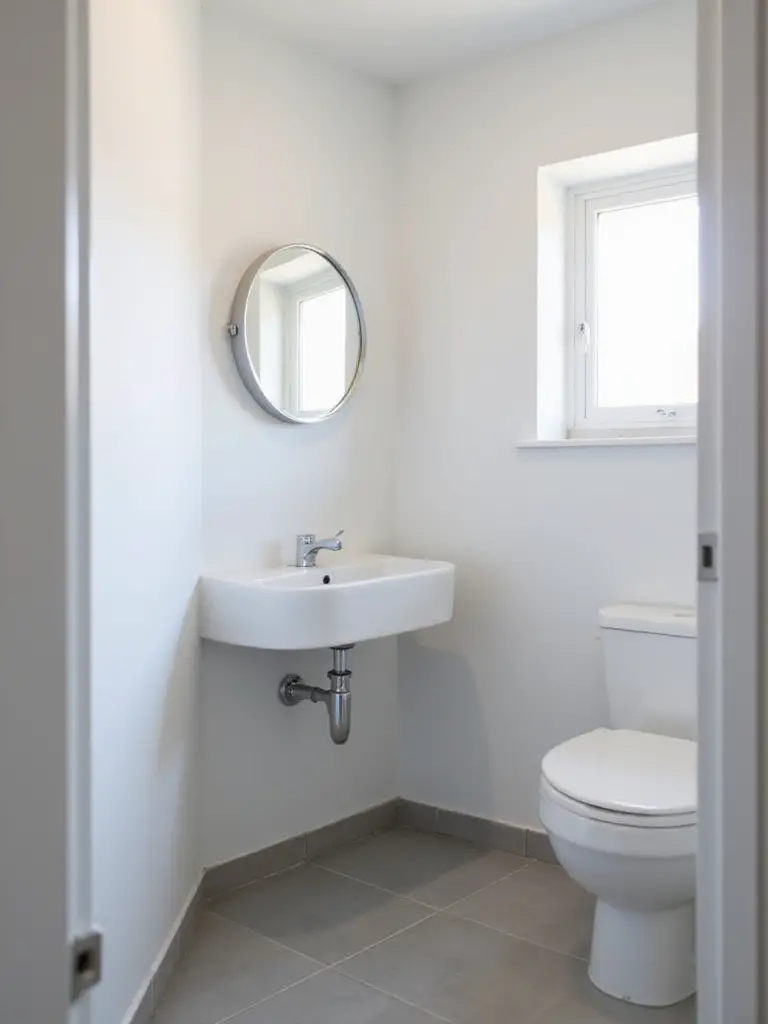 A compact white sink installed diagonally in the corner of a small modern bathroom, demonstrating space optimization.