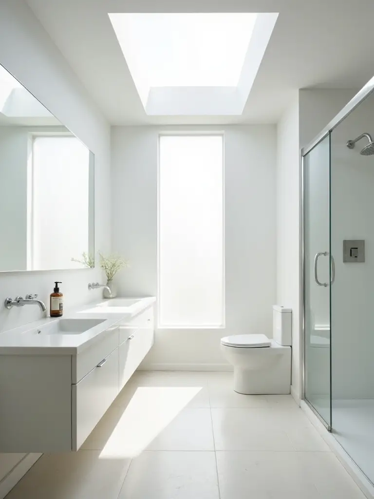 A small, bright bathroom flooded with natural light from a large window or skylight, making the space feel open and airy.