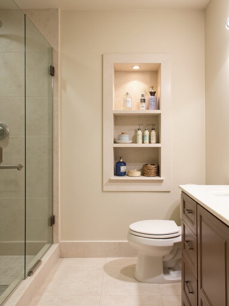 A modern bathroom featuring a recessed niche for seamless storage with neatly arranged toiletries.