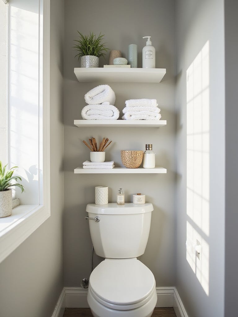 No-drill over-toilet shelf with organized bathroom essentials.